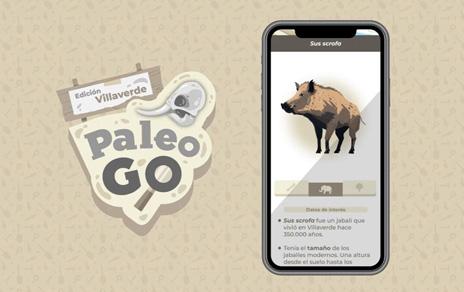 imagen de la aplicación digital de Paleo Go con el logo y un móvil con un jabalí primitivo