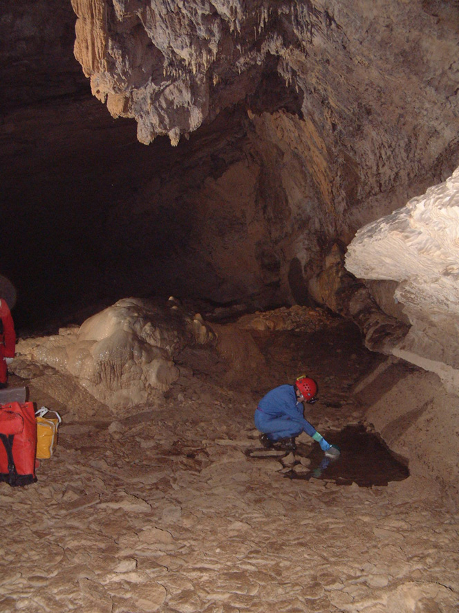 Recogiendo una muestra de fauna acuática subterránea en el Monumento Natural de Ojo Guareña (Burgos)