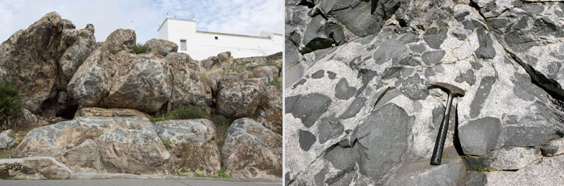 Una de las formaciones rocosas pertenecientes al afloramiento de Gerena. A la derecha, un detalle de la interacción entre dos magmas distintos.  / Daniel Gómez Frutos