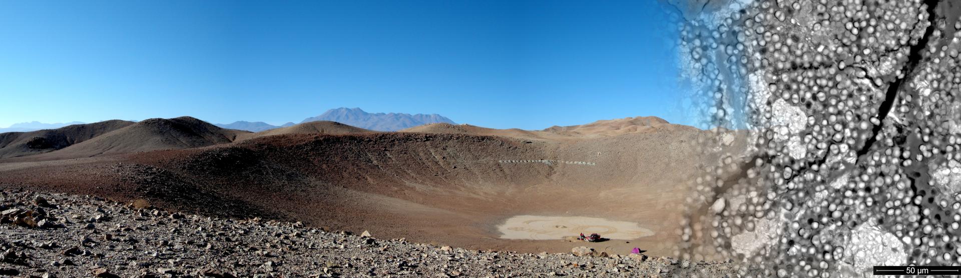 Desierto de Atacama, cráter Monturaqui y cianobacterias endoliticas dentro de yeso (SEM-BSE)