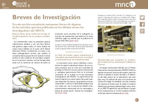 Portada de la sección "Breves de Investigación" de la revista NaturalMente nº 8