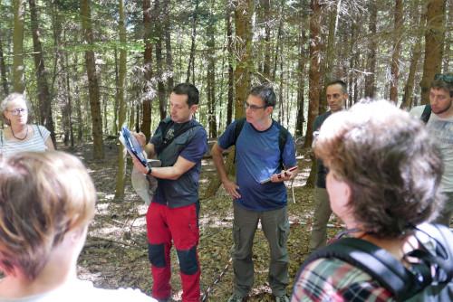 El investigador del MNCN Andrés Bravo-Oviedo en un bosque explicando cómo hacer el señalamiento de árboles.