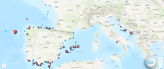 Mapa georreferenciado de los briozoos de las colecciones de Invertebrados e Invertebrados Fósiles del MNCN 