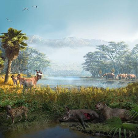 Reconstrucción paleoambiental ilustrada por Óscar Sanisidro . Propiedad de la imagen Ayuntamiento de Subirats